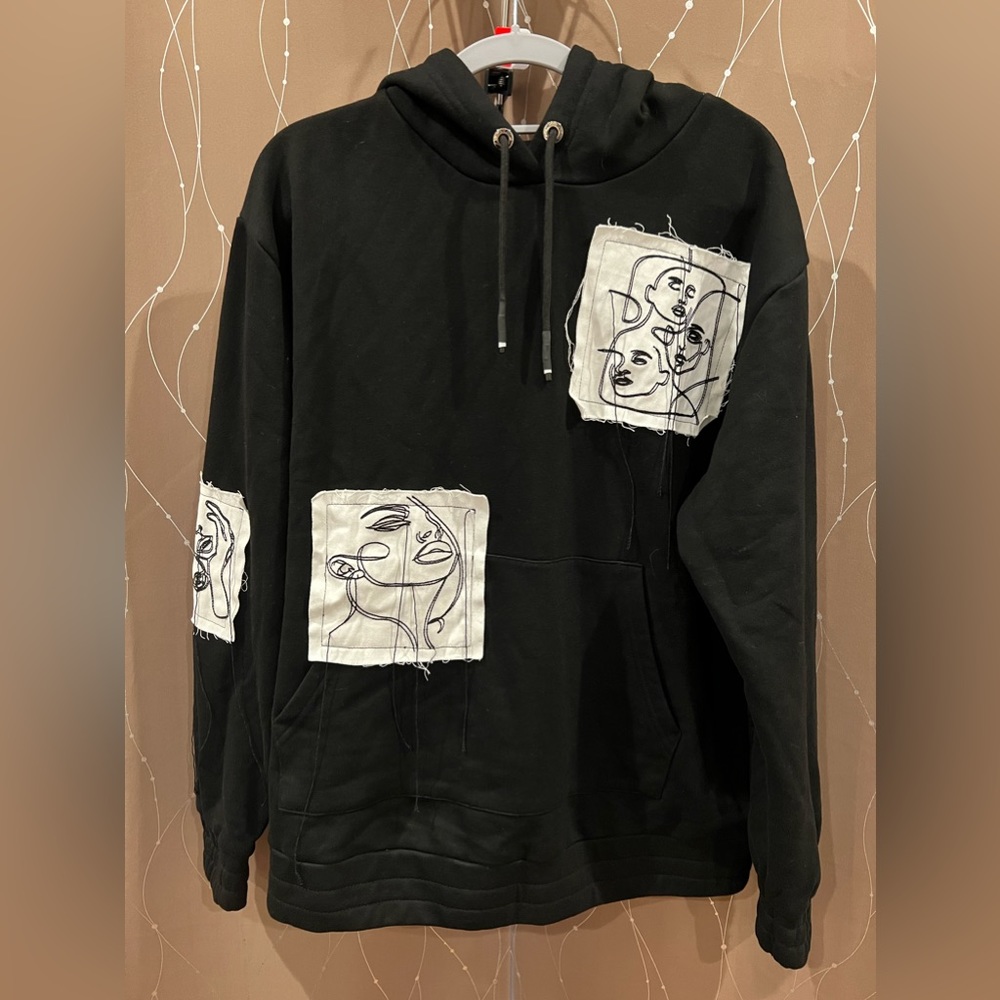 NWT MANIERE DE VOIR Black Hooded Sweater Sweatshirt Hoodie Patches Women’s Sz 8